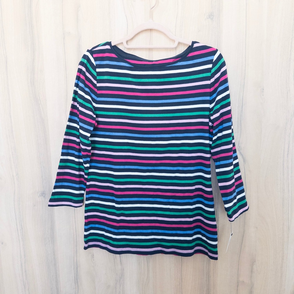 Talbots Womens Striped Tee M Navy Multi Boatneck 3/4 Sleeve Preppy Classic Top